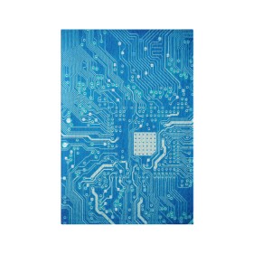 Обложка для паспорта матовая кожа с принтом Системная плата , натуральная матовая кожа | размер 19,3 х 13,7 см; прозрачные пластиковые крепления | кибер | микросхема | синий