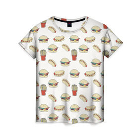 Женская футболка 3D с принтом Фастфуд арт , 100% полиэфир ( синтетическое хлопкоподобное полотно) | прямой крой, круглый вырез горловины, длина до линии бедер | бургеры | еда | фастфуд | хот дог