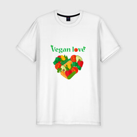 Мужская футболка премиум с принтом Vegan love , 92% хлопок, 8% лайкра | приталенный силуэт, круглый вырез ворота, длина до линии бедра, короткий рукав | 