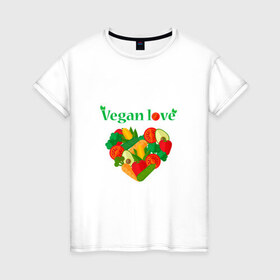 Женская футболка хлопок с принтом Vegan love , 100% хлопок | прямой крой, круглый вырез горловины, длина до линии бедер, слегка спущенное плечо | 