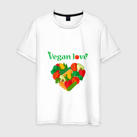 Мужская футболка хлопок с принтом Vegan love , 100% хлопок | прямой крой, круглый вырез горловины, длина до линии бедер, слегка спущенное плечо. | Тематика изображения на принте: 