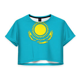 Женская футболка 3D укороченная с принтом Казахстан , 100% полиэстер | круглая горловина, длина футболки до линии талии, рукава с отворотами | герб | казахстан | флаг