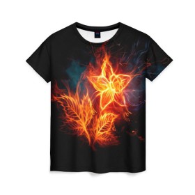 Женская футболка 3D с принтом Огненный цветок , 100% полиэфир ( синтетическое хлопкоподобное полотно) | прямой крой, круглый вырез горловины, длина до линии бедер | звезда | искры | огненный цветок | огонь | пламя | пожар