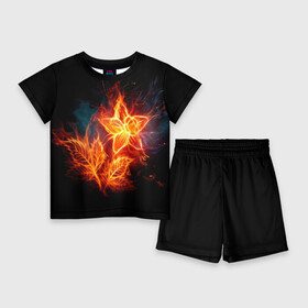 Детский костюм с шортами 3D с принтом Огненный цветок ,  |  | Тематика изображения на принте: звезда | искры | огненный цветок | огонь | пламя | пожар