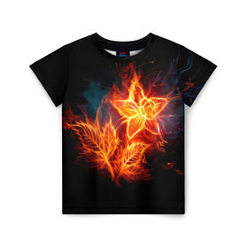 Детская футболка 3D с принтом Огненный цветок , 100% гипоаллергенный полиэфир | прямой крой, круглый вырез горловины, длина до линии бедер, чуть спущенное плечо, ткань немного тянется | звезда | искры | огненный цветок | огонь | пламя | пожар