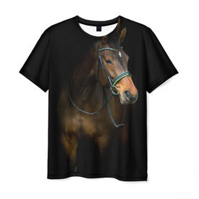Мужская футболка 3D с принтом Породистый жеребец , 100% полиэфир | прямой крой, круглый вырез горловины, длина до линии бедер | Тематика изображения на принте: жеребец | животные | конь | лошадка | лошадь | погоня | седло | скакун | скачки | узда
