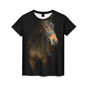 Женская футболка 3D с принтом Породистый жеребец , 100% полиэфир ( синтетическое хлопкоподобное полотно) | прямой крой, круглый вырез горловины, длина до линии бедер | жеребец | животные | конь | лошадка | лошадь | погоня | седло | скакун | скачки | узда