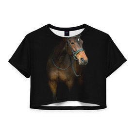 Женская футболка 3D укороченная с принтом Породистый жеребец , 100% полиэстер | круглая горловина, длина футболки до линии талии, рукава с отворотами | жеребец | животные | конь | лошадка | лошадь | погоня | седло | скакун | скачки | узда