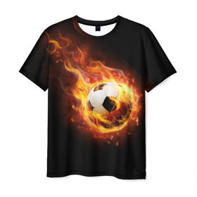 Мужская футболка 3D с принтом Страсть к футболу , 100% полиэфир | прямой крой, круглый вырез горловины, длина до линии бедер | Тематика изображения на принте: игра | искры | мяч | огонь | пламя | спорт | страсть | фанат | футбол | футболист
