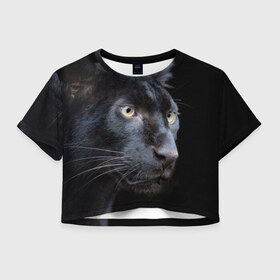 Женская футболка 3D укороченная с принтом Пантера , 100% полиэстер | круглая горловина, длина футболки до линии талии, рукава с отворотами | дикая кошка | добыча | животные | ловкость | охота | пантера | сила | скорость | смекалка | хитрость | хищник