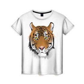 Женская футболка 3D с принтом Морда тигра , 100% полиэфир ( синтетическое хлопкоподобное полотно) | прямой крой, круглый вырез горловины, длина до линии бедер | Тематика изображения на принте: зверь | кошка | полосы | тигр | хищник