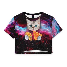 Женская футболка 3D укороченная с принтом Кот с едой , 100% полиэстер | круглая горловина, длина футболки до линии талии, рукава с отворотами | art | cat | pizza | space | еда | космос | кот | кот в космосе | кот с едой | котенок | котик | пицца