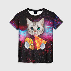 Женская футболка 3D с принтом Кот с едой , 100% полиэфир ( синтетическое хлопкоподобное полотно) | прямой крой, круглый вырез горловины, длина до линии бедер | art | cat | pizza | space | еда | космос | кот | кот в космосе | кот с едой | котенок | котик | пицца
