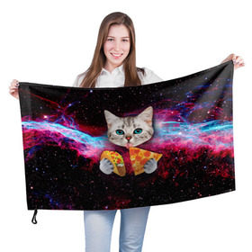 Флаг 3D с принтом Кот с едой , 100% полиэстер | плотность ткани — 95 г/м2, размер — 67 х 109 см. Принт наносится с одной стороны | art | cat | pizza | space | еда | космос | кот | кот в космосе | кот с едой | котенок | котик | пицца