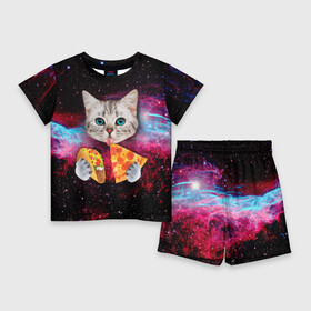 Детский костюм с шортами 3D с принтом Кот с едой ,  |  | art | cat | pizza | space | еда | космос | кот | кот в космосе | кот с едой | котенок | котик | пицца