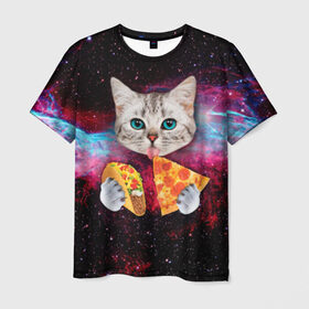 Мужская футболка 3D с принтом Кот с едой , 100% полиэфир | прямой крой, круглый вырез горловины, длина до линии бедер | Тематика изображения на принте: art | cat | pizza | space | еда | космос | кот | кот в космосе | кот с едой | котенок | котик | пицца