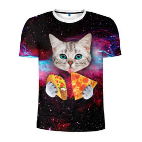 Мужская футболка 3D спортивная с принтом Кот с едой , 100% полиэстер с улучшенными характеристиками | приталенный силуэт, круглая горловина, широкие плечи, сужается к линии бедра | Тематика изображения на принте: art | cat | pizza | space | еда | космос | кот | кот в космосе | кот с едой | котенок | котик | пицца