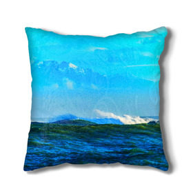 Подушка 3D с принтом Море , наволочка – 100% полиэстер, наполнитель – холлофайбер (легкий наполнитель, не вызывает аллергию). | состоит из подушки и наволочки. Наволочка на молнии, легко снимается для стирки | Тематика изображения на принте: вода | горы | море | природа | синяя