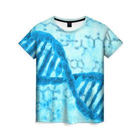 Женская футболка 3D с принтом ДНК , 100% полиэфир ( синтетическое хлопкоподобное полотно) | прямой крой, круглый вырез горловины, длина до линии бедер | абстракция | биология | днк | молекула | синяя.цепочка | формула