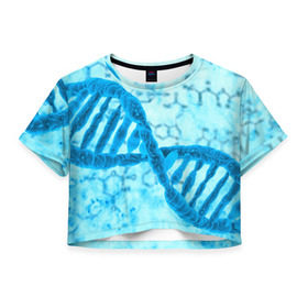 Женская футболка 3D укороченная с принтом ДНК , 100% полиэстер | круглая горловина, длина футболки до линии талии, рукава с отворотами | абстракция | биология | днк | молекула | синяя.цепочка | формула