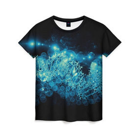 Женская футболка 3D с принтом Молекула , 100% полиэфир ( синтетическое хлопкоподобное полотно) | прямой крой, круглый вырез горловины, длина до линии бедер | абстракция | биология | днк | молекула | синяя.цепочка | формула