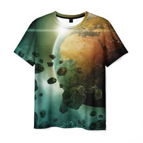 Мужская футболка 3D с принтом Метеориты , 100% полиэфир | прямой крой, круглый вырез горловины, длина до линии бедер | вселенная | галактика | звёзды | земля | камета | космос | метеориты | метеоры | орбита | планеты | солнце