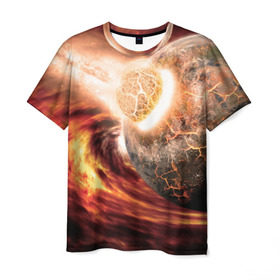 Мужская футболка 3D с принтом Падение метеорита , 100% полиэфир | прямой крой, круглый вырез горловины, длина до линии бедер | астероид | вселенная | галактика | звезды | катастрофа | планеты | туманность
