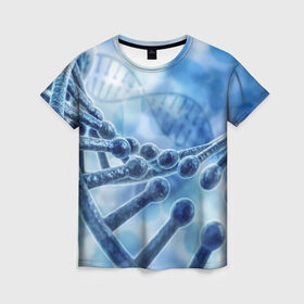 Женская футболка 3D с принтом Молекула ДНК , 100% полиэфир ( синтетическое хлопкоподобное полотно) | прямой крой, круглый вырез горловины, длина до линии бедер | dna | биохимия | внешность | ген | генетика | днк | молекула | наследственность | спираль | способности | структура | характер | черты
