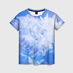 Женская футболка 3D с принтом Сердце , 100% полиэфир ( синтетическое хлопкоподобное полотно) | прямой крой, круглый вырез горловины, длина до линии бедер | голубая | любовь | небо | новая | перья | сердце