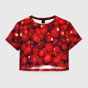 Женская футболка 3D укороченная с принтом Земляника , 100% полиэстер | круглая горловина, длина футболки до линии талии, рукава с отворотами | земляника | клубника | красный | лето | природа | ягода