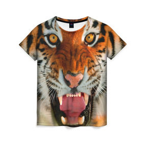 Женская футболка 3D с принтом Амурский тигр , 100% полиэфир ( синтетическое хлопкоподобное полотно) | прямой крой, круглый вырез горловины, длина до линии бедер | амур | голова | животные | кошка | оскал | тигр