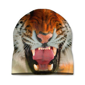 Шапка 3D с принтом Амурский тигр , 100% полиэстер | универсальный размер, печать по всей поверхности изделия | амур | голова | животные | кошка | оскал | тигр