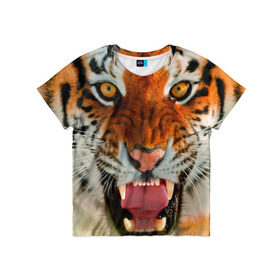 Детская футболка 3D с принтом Амурский тигр , 100% гипоаллергенный полиэфир | прямой крой, круглый вырез горловины, длина до линии бедер, чуть спущенное плечо, ткань немного тянется | амур | голова | животные | кошка | оскал | тигр