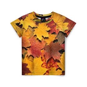 Детская футболка 3D с принтом Осень на дворе , 100% гипоаллергенный полиэфир | прямой крой, круглый вырез горловины, длина до линии бедер, чуть спущенное плечо, ткань немного тянется | бордовый | жёлтый | красный | листва | листья