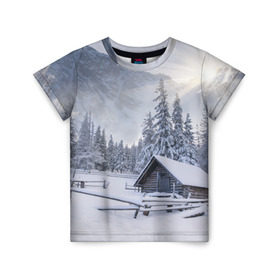 Детская футболка 3D с принтом Зима , 100% гипоаллергенный полиэфир | прямой крой, круглый вырез горловины, длина до линии бедер, чуть спущенное плечо, ткань немного тянется | вьюга | горы | зима | лес | метель | мороз | пейзаж | природа | пурга | снег | снегопад | сосулька | стужа | сугроб | холод