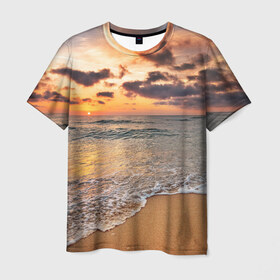 Мужская футболка 3D с принтом Огненный закат , 100% полиэфир | прямой крой, круглый вырез горловины, длина до линии бедер | закат | море | небо | океан | рассвет