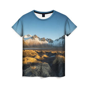 Женская футболка 3D с принтом Горный хребет , 100% полиэфир ( синтетическое хлопкоподобное полотно) | прямой крой, круглый вырез горловины, длина до линии бедер | горы | небо | пейзаж | скалы | хребет