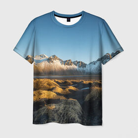 Мужская футболка 3D с принтом Горный хребет , 100% полиэфир | прямой крой, круглый вырез горловины, длина до линии бедер | Тематика изображения на принте: горы | небо | пейзаж | скалы | хребет