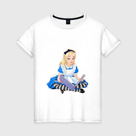 Женская футболка хлопок с принтом Алиса в стране чудес , 100% хлопок | прямой крой, круглый вырез горловины, длина до линии бедер, слегка спущенное плечо | алиса | блондинка | в стране чудес | девочка | книга | мультик | сказка