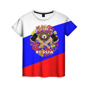 Женская футболка 3D с принтом Добро пожаловать в Россию , 100% полиэфир ( синтетическое хлопкоподобное полотно) | прямой крой, круглый вырез горловины, длина до линии бедер | russia | welcome | медведь | россия | хохлома