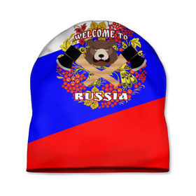 Шапка 3D с принтом Добро пожаловать в Россию , 100% полиэстер | универсальный размер, печать по всей поверхности изделия | russia | welcome | медведь | россия | хохлома