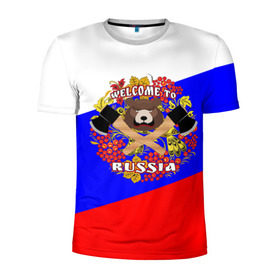 Мужская футболка 3D спортивная с принтом Добро пожаловать в Россию , 100% полиэстер с улучшенными характеристиками | приталенный силуэт, круглая горловина, широкие плечи, сужается к линии бедра | russia | welcome | медведь | россия | хохлома