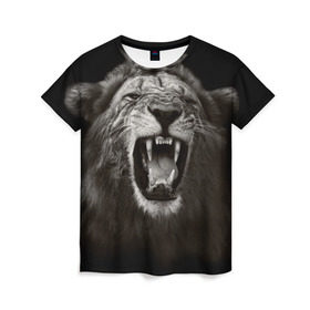 Женская футболка 3D с принтом Разъярённый лев , 100% полиэфир ( синтетическое хлопкоподобное полотно) | прямой крой, круглый вырез горловины, длина до линии бедер | власть | дикая кошка | животное | король джунглей | лев | львица | мощь | мудрость | охотник | сила | хитрость | хищник | царь зверей