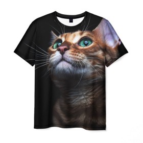 Мужская футболка 3D с принтом Милый котик , 100% полиэфир | прямой крой, круглый вырез горловины, длина до линии бедер | Тематика изображения на принте: кошка | темный | фото