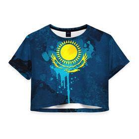 Женская футболка 3D укороченная с принтом Казахстан , 100% полиэстер | круглая горловина, длина футболки до линии талии, рукава с отворотами | казах | казахский | казахстан | национальный | нация | республика | рк | флаг | флаги