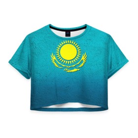 Женская футболка 3D укороченная с принтом Флаг Казахстана , 100% полиэстер | круглая горловина, длина футболки до линии талии, рукава с отворотами | казах | казахский | казахстан | национальный | нация | республика | рк | флаг | флаги