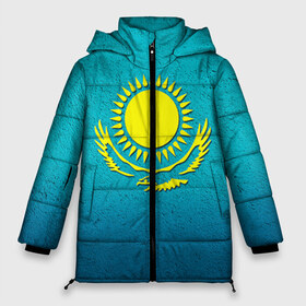 Женская зимняя куртка 3D с принтом Флаг Казахстана , верх — 100% полиэстер; подкладка — 100% полиэстер; утеплитель — 100% полиэстер | длина ниже бедра, силуэт Оверсайз. Есть воротник-стойка, отстегивающийся капюшон и ветрозащитная планка. 

Боковые карманы с листочкой на кнопках и внутренний карман на молнии | Тематика изображения на принте: казах | казахский | казахстан | национальный | нация | республика | рк | флаг | флаги