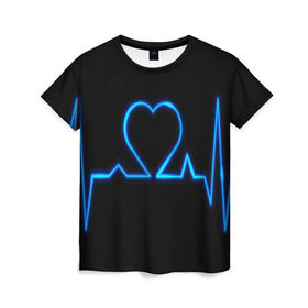 Женская футболка 3D с принтом Ритм сердца , 100% полиэфир ( синтетическое хлопкоподобное полотно) | прямой крой, круглый вырез горловины, длина до линии бедер | Тематика изображения на принте: ритм | сердце | синяя | черная | электро