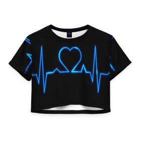 Женская футболка 3D укороченная с принтом Ритм сердца , 100% полиэстер | круглая горловина, длина футболки до линии талии, рукава с отворотами | ритм | сердце | синяя | черная | электро