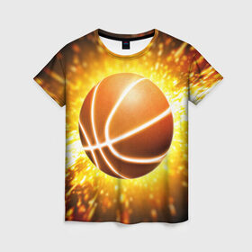 Женская футболка 3D с принтом Баскетбольный мяч , 100% полиэфир ( синтетическое хлопкоподобное полотно) | прямой крой, круглый вырез горловины, длина до линии бедер | взрыв | искры | огонь | пламя